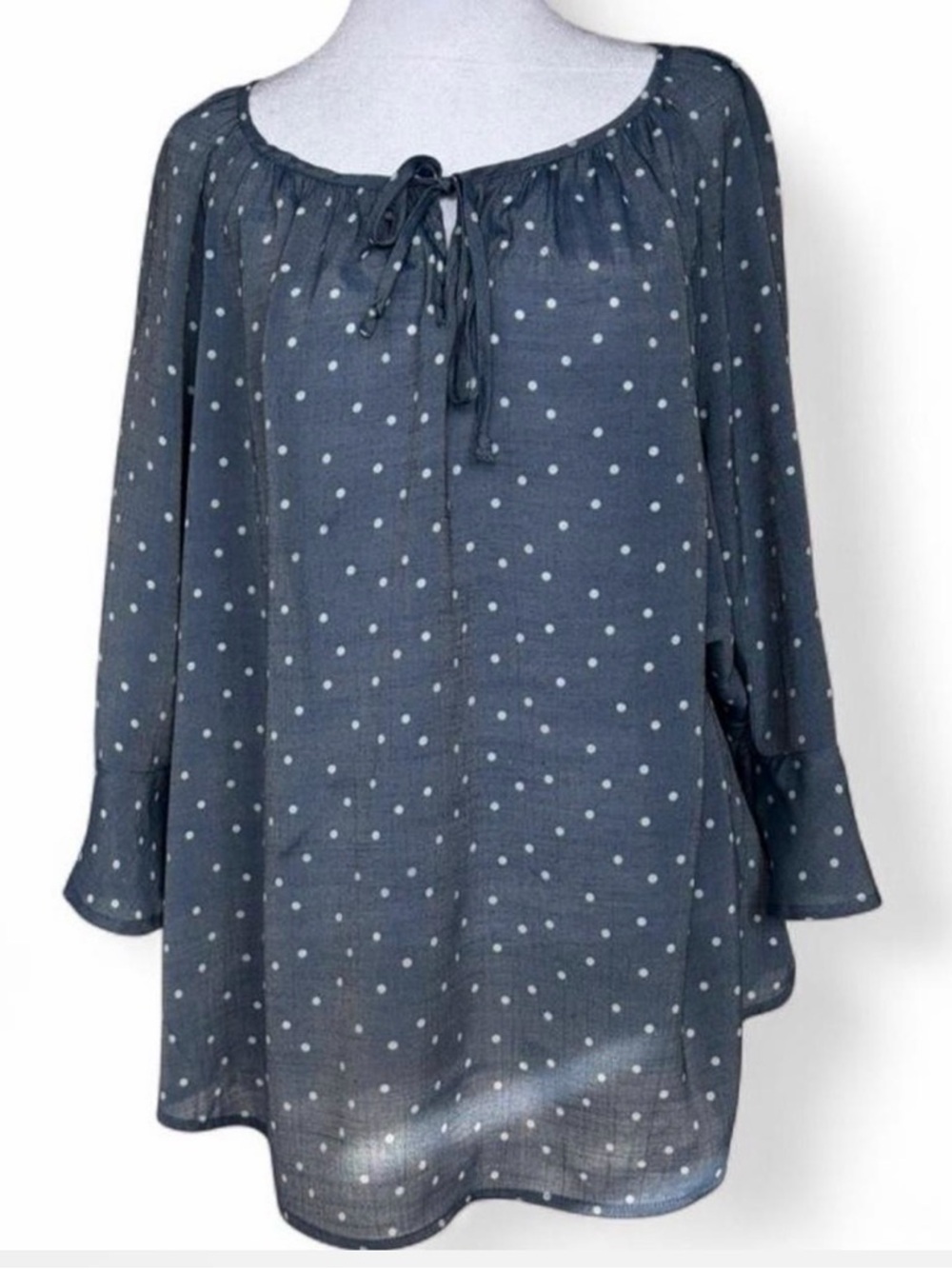 Fred David Navy Blue Polka Dot Tie-Front Blouse